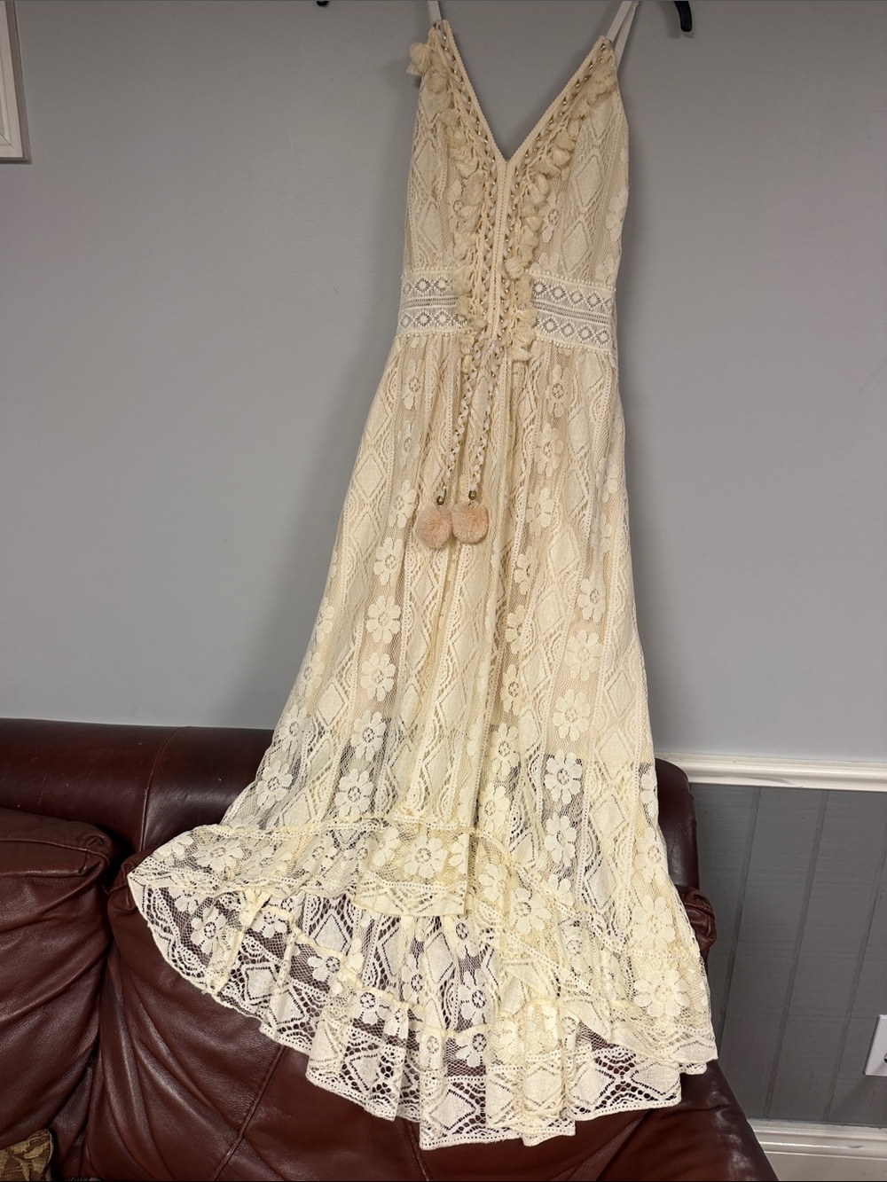 Beautiful Cream Lace Midi Lined Dress Boho Bohemian Festival Beach Sundress M